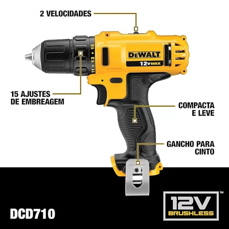 Parafusadeira e Furadeira a Bateria DEWALT DCD710D2 12V MAX Li-Ion 3/8 Pol. com 2 Baterias e Carregador